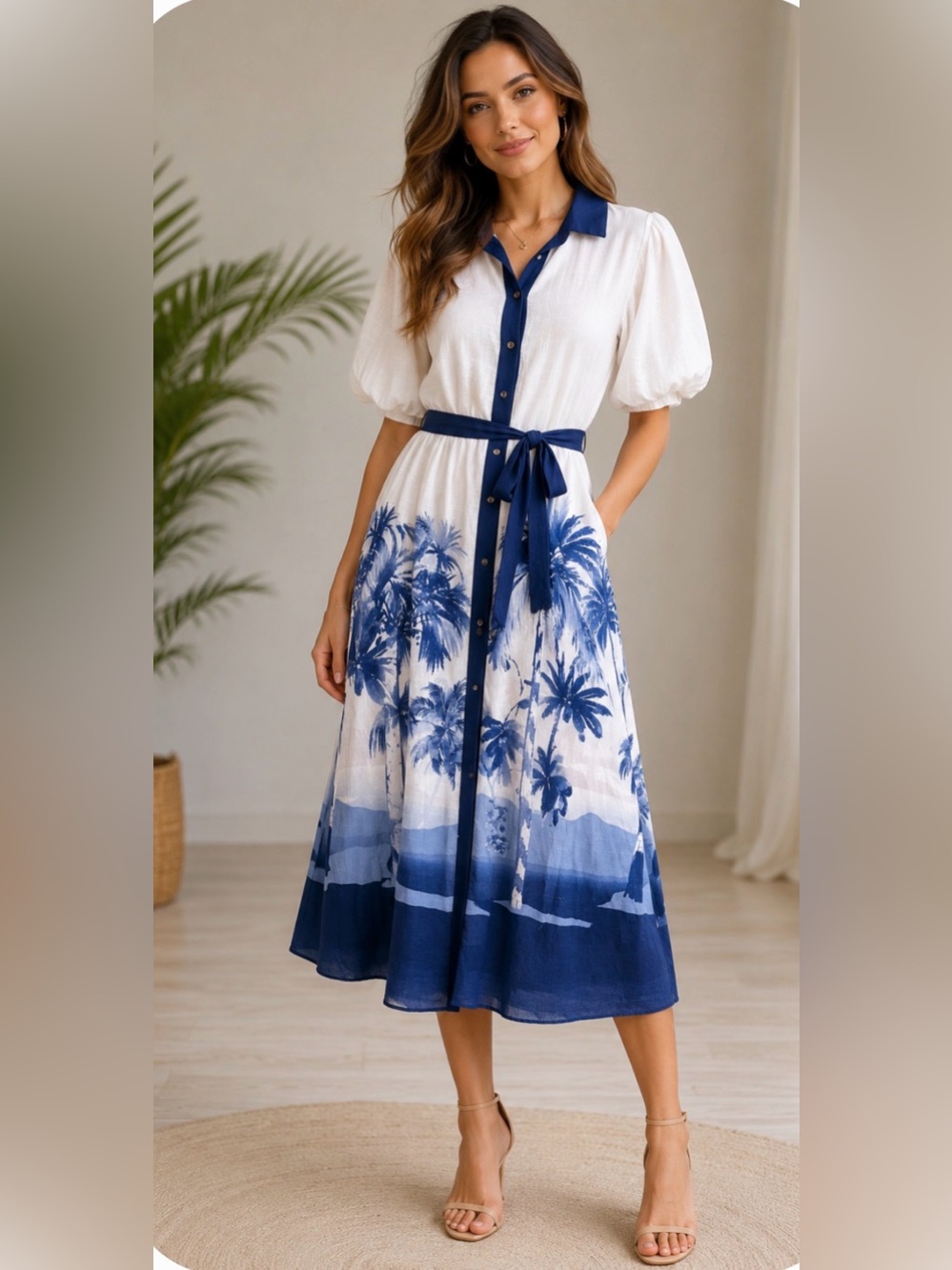 White & Navy Tropical Print Midi Shirt Dress with Tie Belt